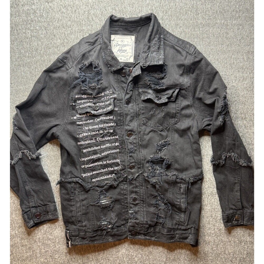 Black Smuggler’s Moon Distressed Denim Jacket – Size XL